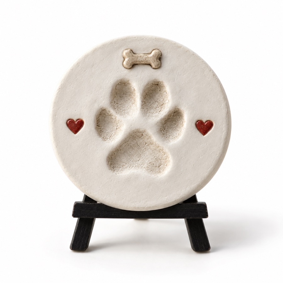 Clay paw print keepsake on a small tripod