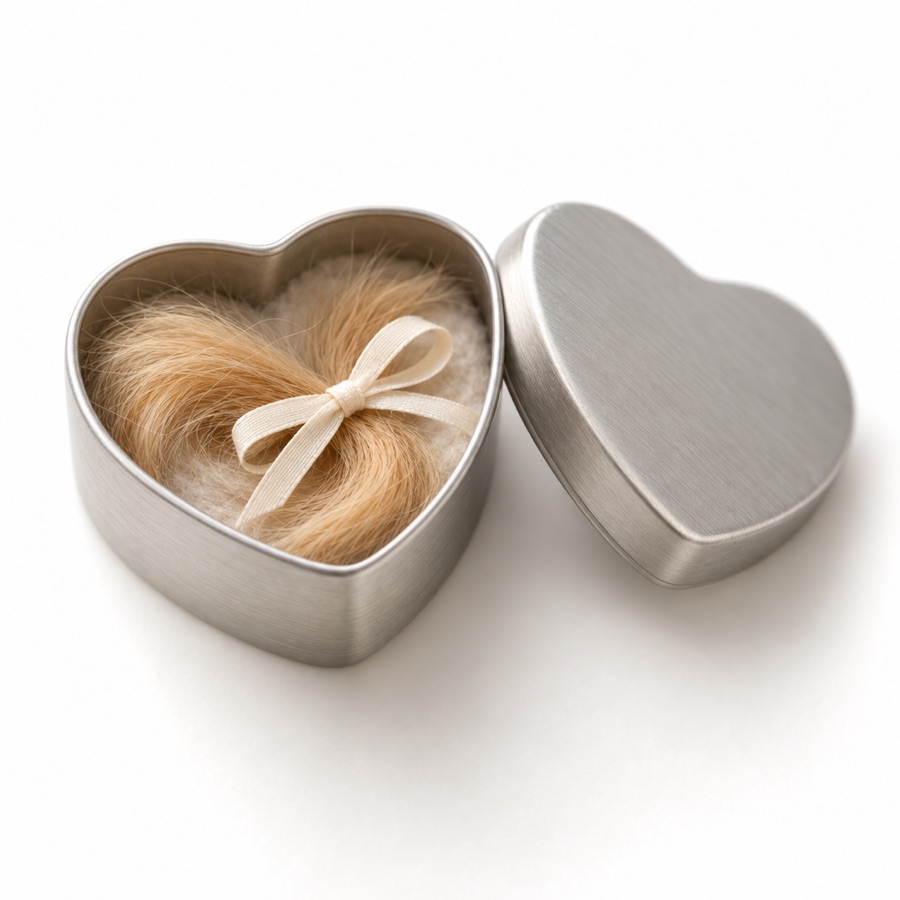 Lock of fur in a heart-shaped keepsake tin