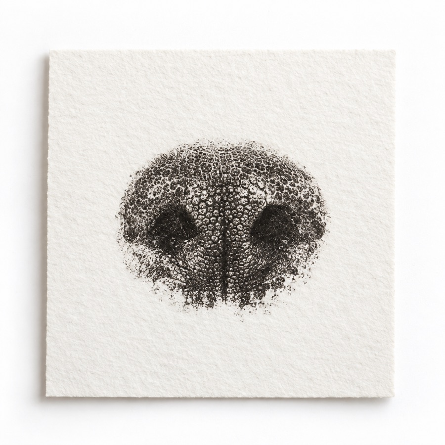 Black ink nose print on white card