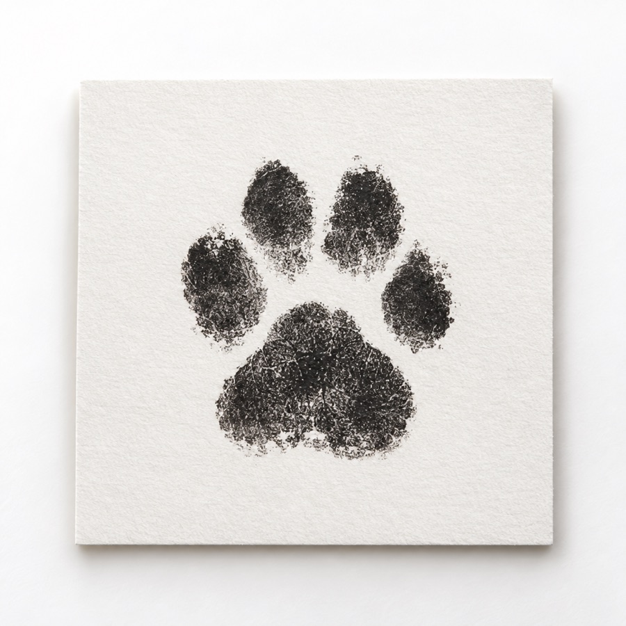 Black ink paw print on white card